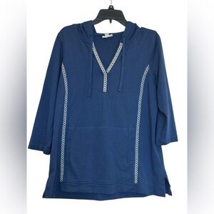 Women’s J. Jill French Terry Embroidered Hooded Tunic Blue Top: Size M Petite